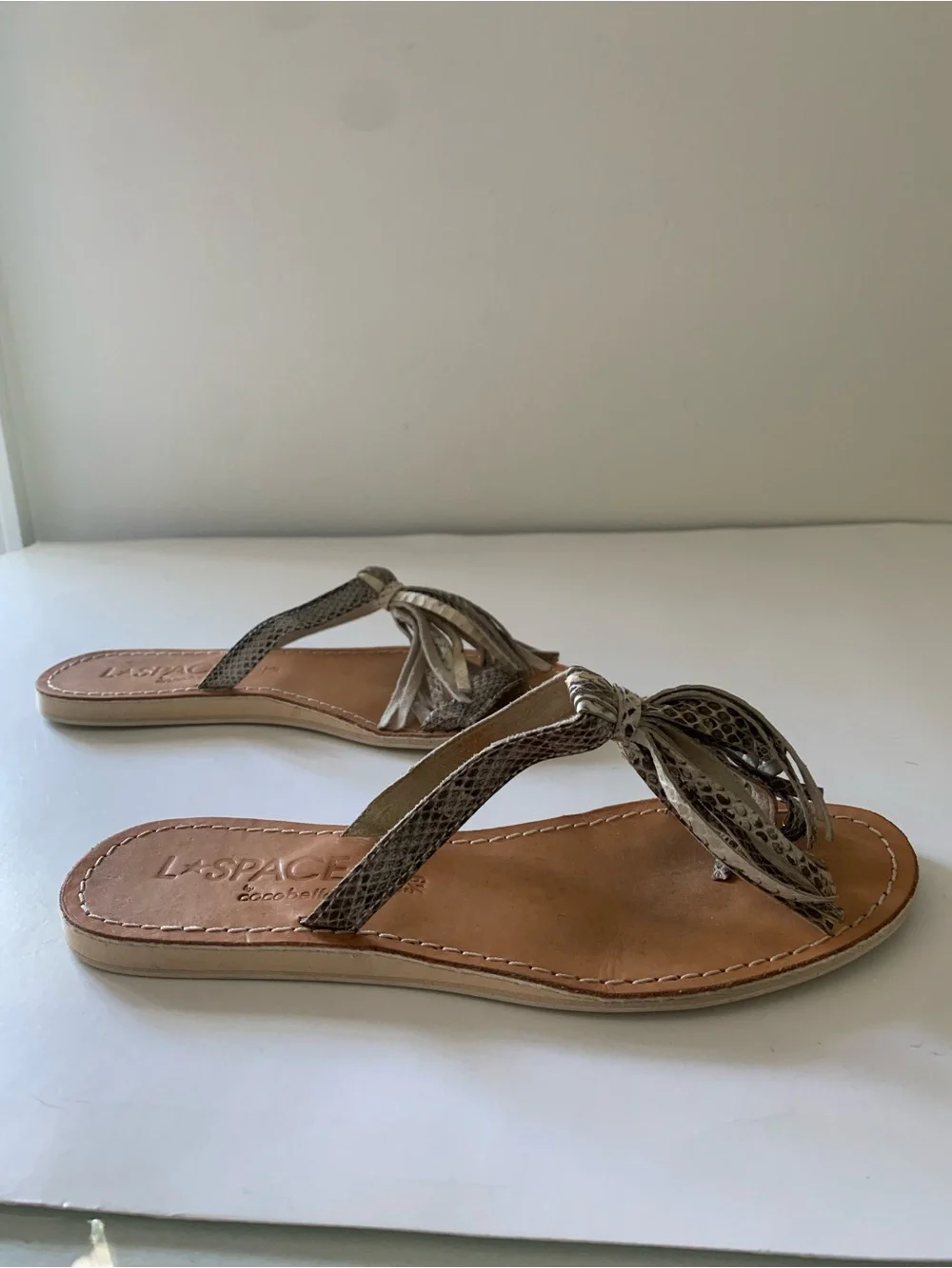 L*Space by Cocobelle Leather Fringe Sandal in Natural Animal Print, Snake, 6.5